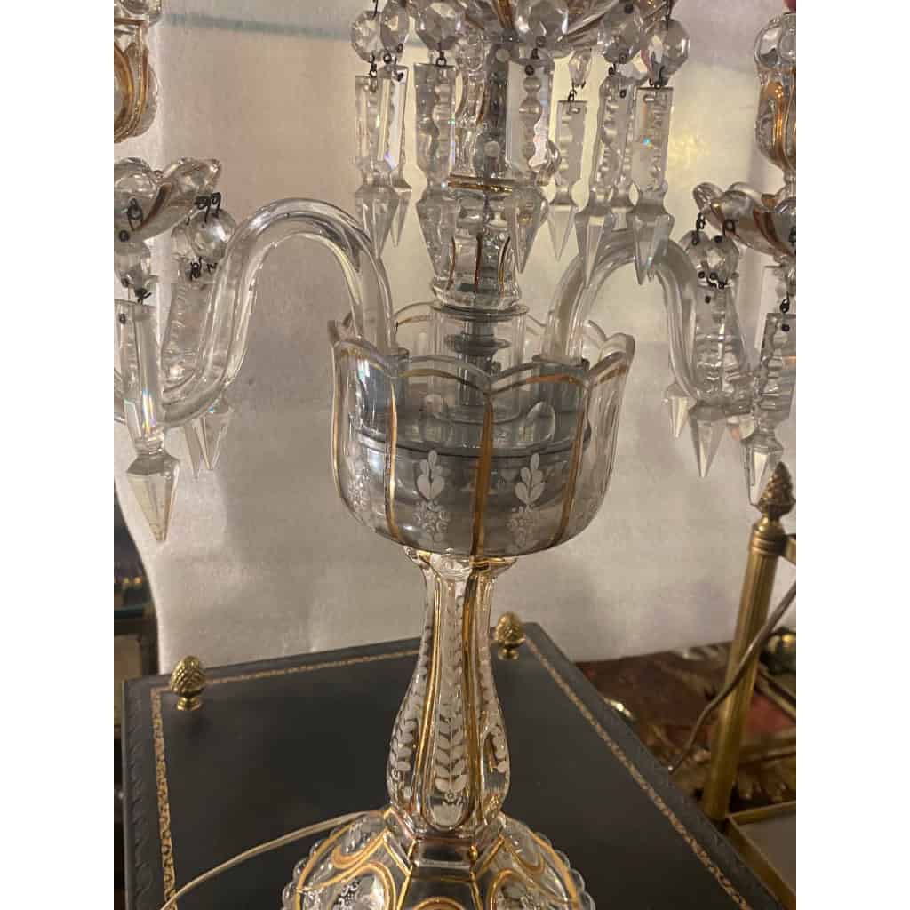 1950′ Paire de Chandeliers Cristal De Bohéme 2 Branches Socles Perlés Et Signés | Biron 1950′ Paire de Chandeliers Cristal De Bohéme 2 Branches Socles Perlés Et Signés