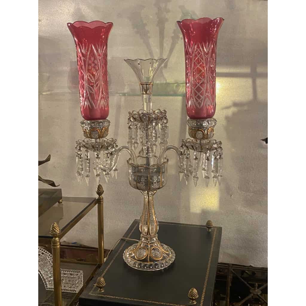 1950′ Paire de Chandeliers Cristal De Bohéme 2 Branches Socles Perlés Et Signés | Biron 1950′ Paire de Chandeliers Cristal De Bohéme 2 Branches Socles Perlés Et Signés