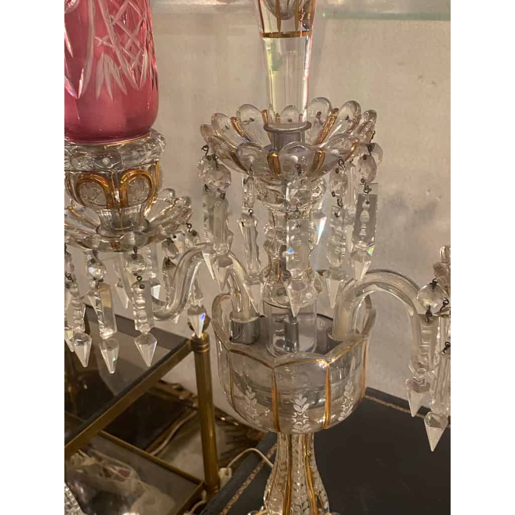 1950′ Paire de Chandeliers Cristal De Bohéme 2 Branches Socles Perlés Et Signés | Biron 1950′ Paire de Chandeliers Cristal De Bohéme 2 Branches Socles Perlés Et Signés