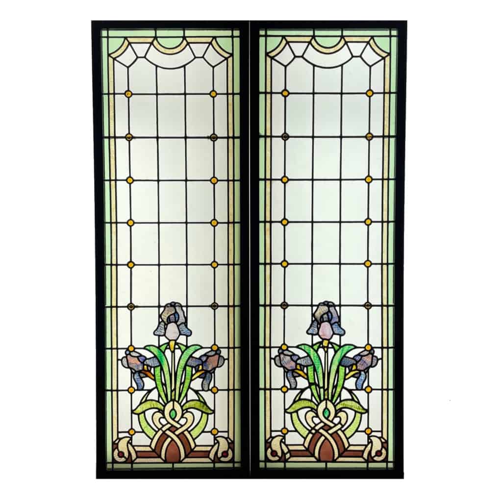 Paire de vitraux Art Nouveau aux iris (148 x 100 cm) | Biron ||||||||