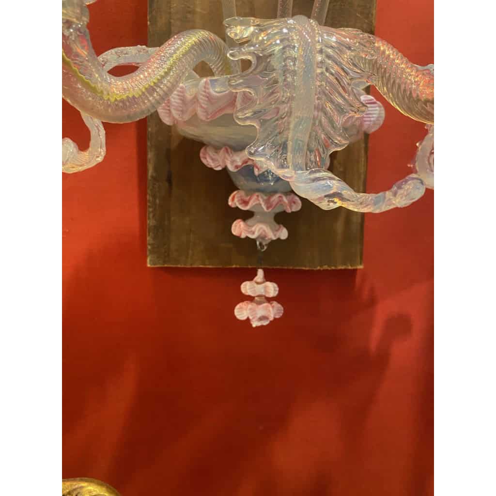 1950/70′ Lustre Murano à 6 Bras de Lumière en Verre Bleu Opalescent et Pâte de Verre Rose Et Sa paire d’Appliques