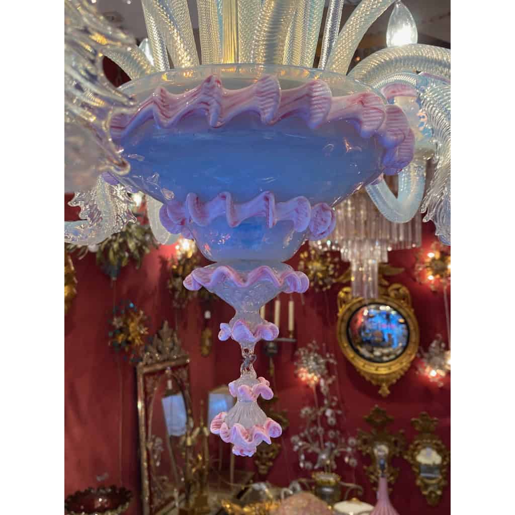1950/70′ Lustre Murano à 6 Bras de Lumière en Verre Bleu Opalescent et Pâte de Verre Rose Et Sa paire d’Appliques