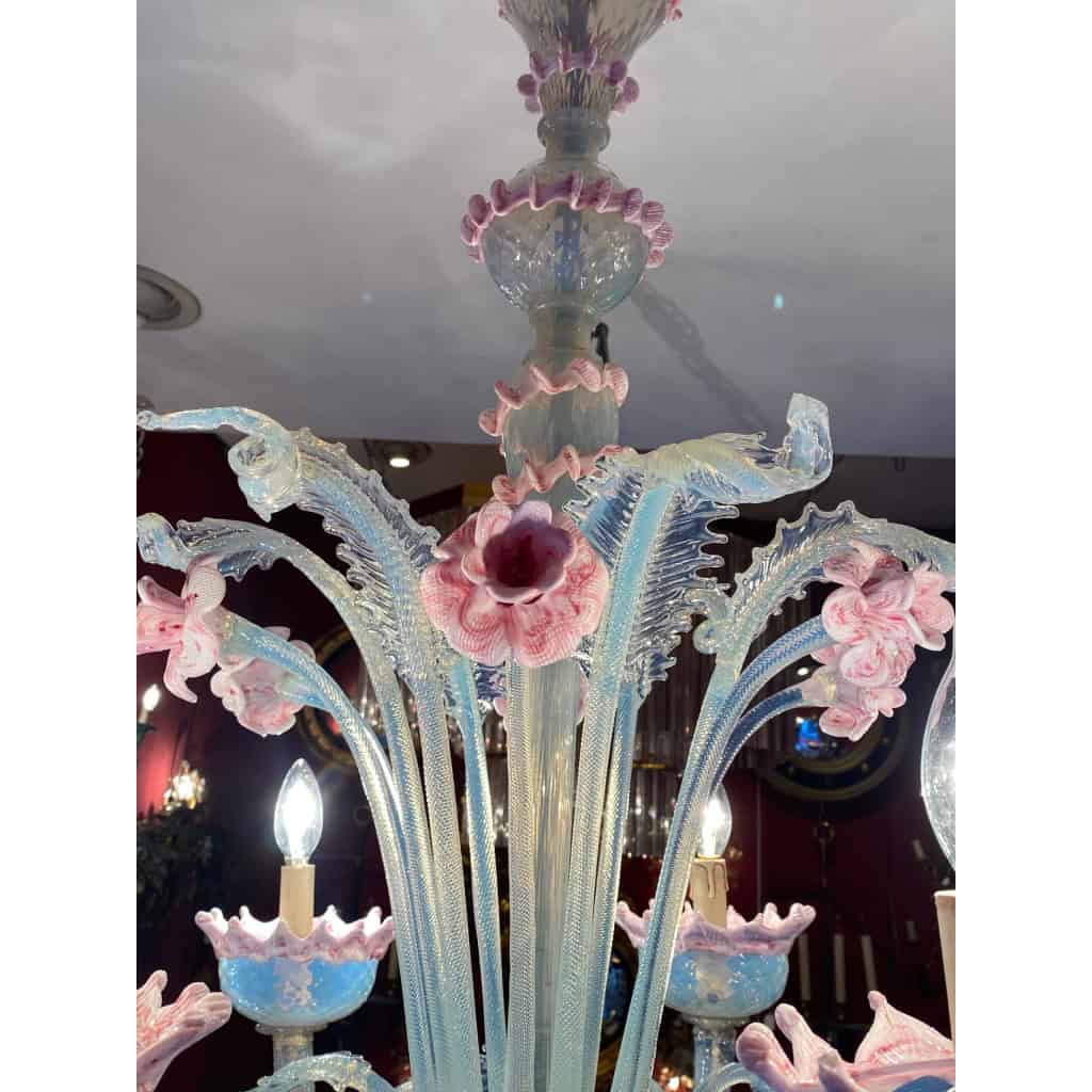1950/70′ Lustre Murano à 6 Bras de Lumière en Verre Bleu Opalescent et Pâte de Verre Rose Et Sa paire d’Appliques