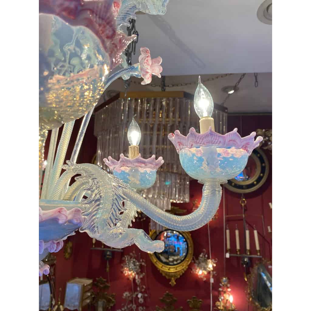 1950/70′ Lustre Murano à 6 Bras de Lumière en Verre Bleu Opalescent et Pâte de Verre Rose Et Sa paire d’Appliques