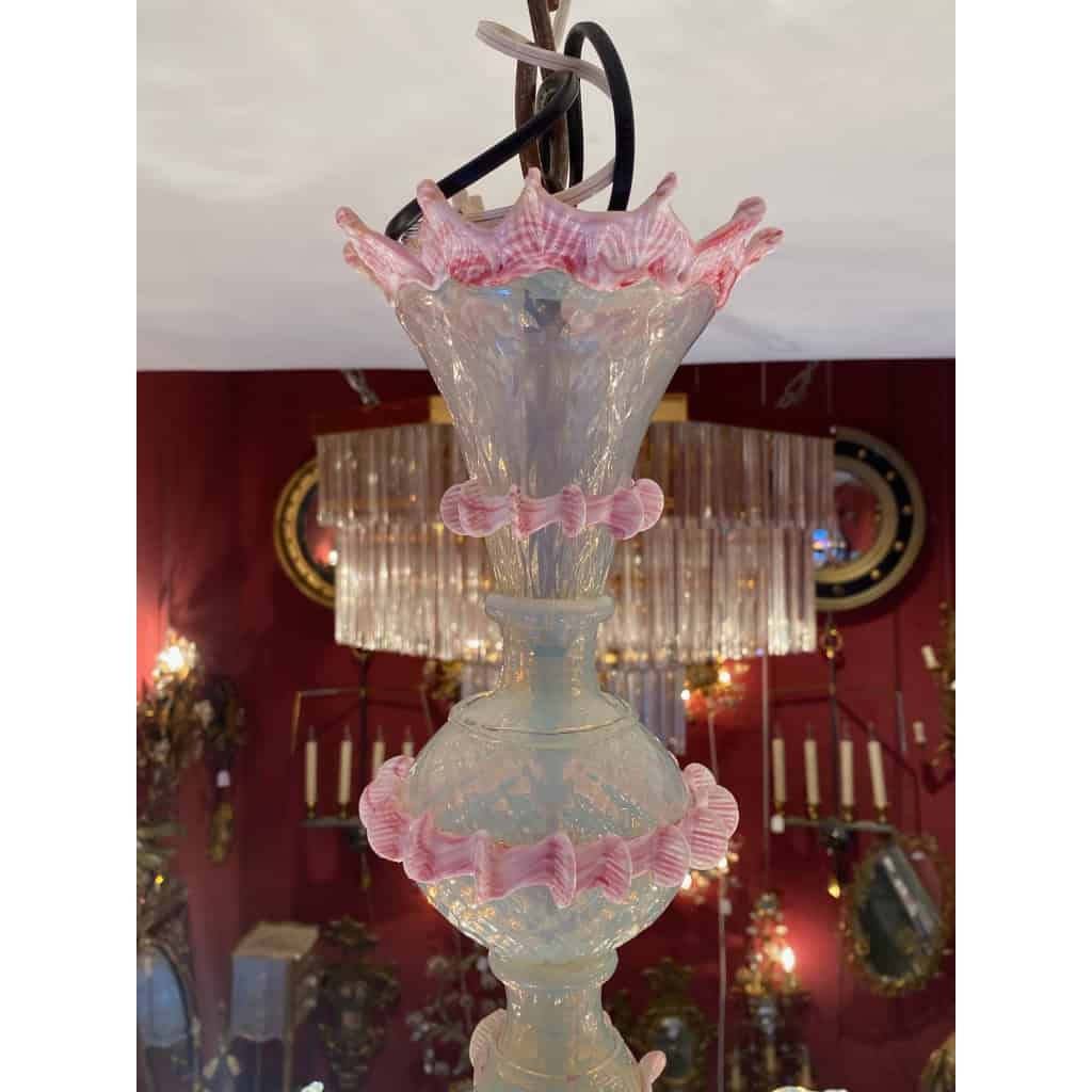 1950/70′ Lustre Murano à 6 Bras de Lumière en Verre Bleu Opalescent et Pâte de Verre Rose Et Sa paire d’Appliques