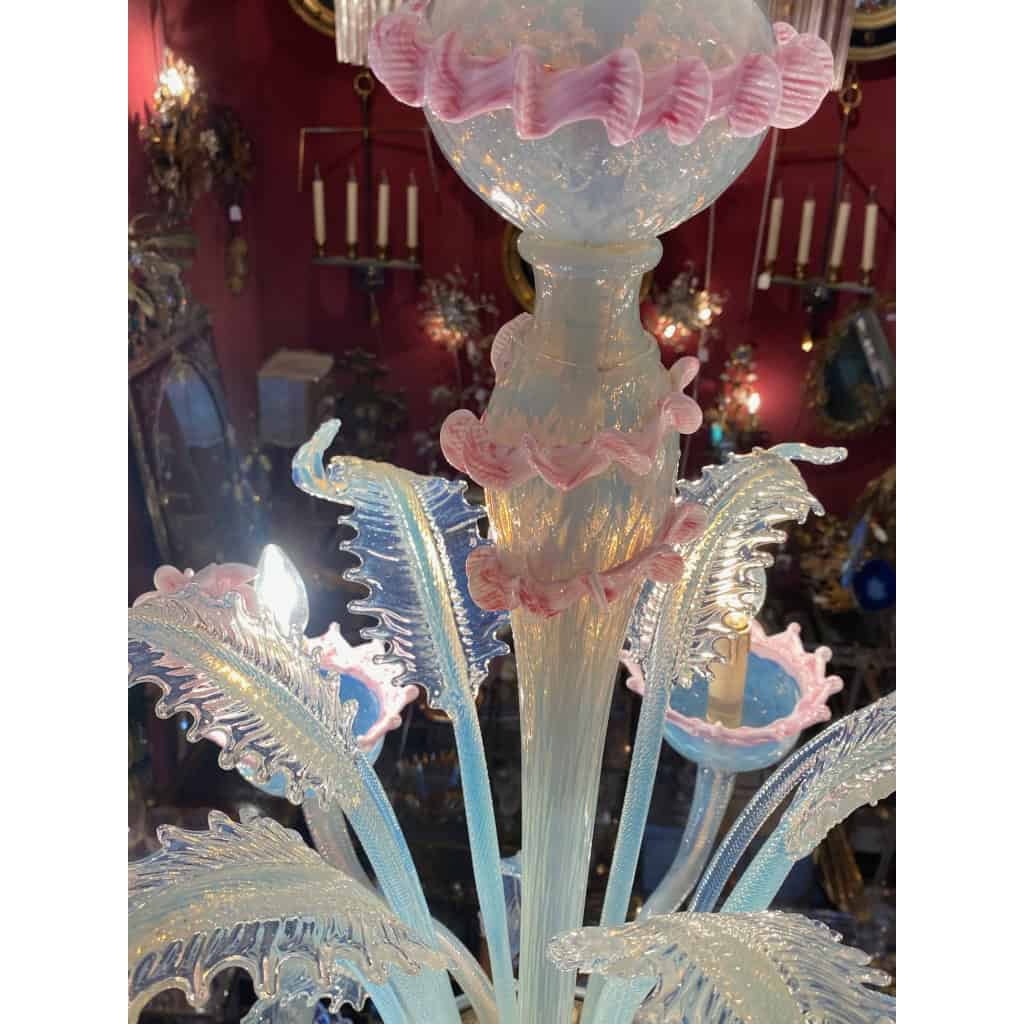 1950/70′ Lustre Murano à 6 Bras de Lumière en Verre Bleu Opalescent et Pâte de Verre Rose Et Sa paire d’Appliques