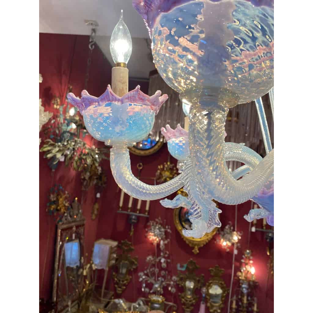 1950/70′ Lustre Murano à 6 Bras de Lumière en Verre Bleu Opalescent et Pâte de Verre Rose Et Sa paire d’Appliques