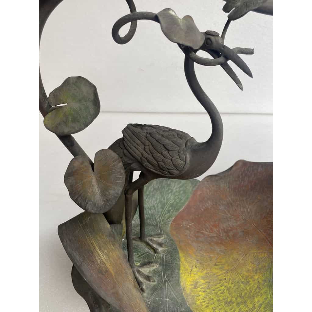 1900′ Corbeille A Fruit Bronze Patiné Art Nouveau, Grue Du Japon Et Nénuphars