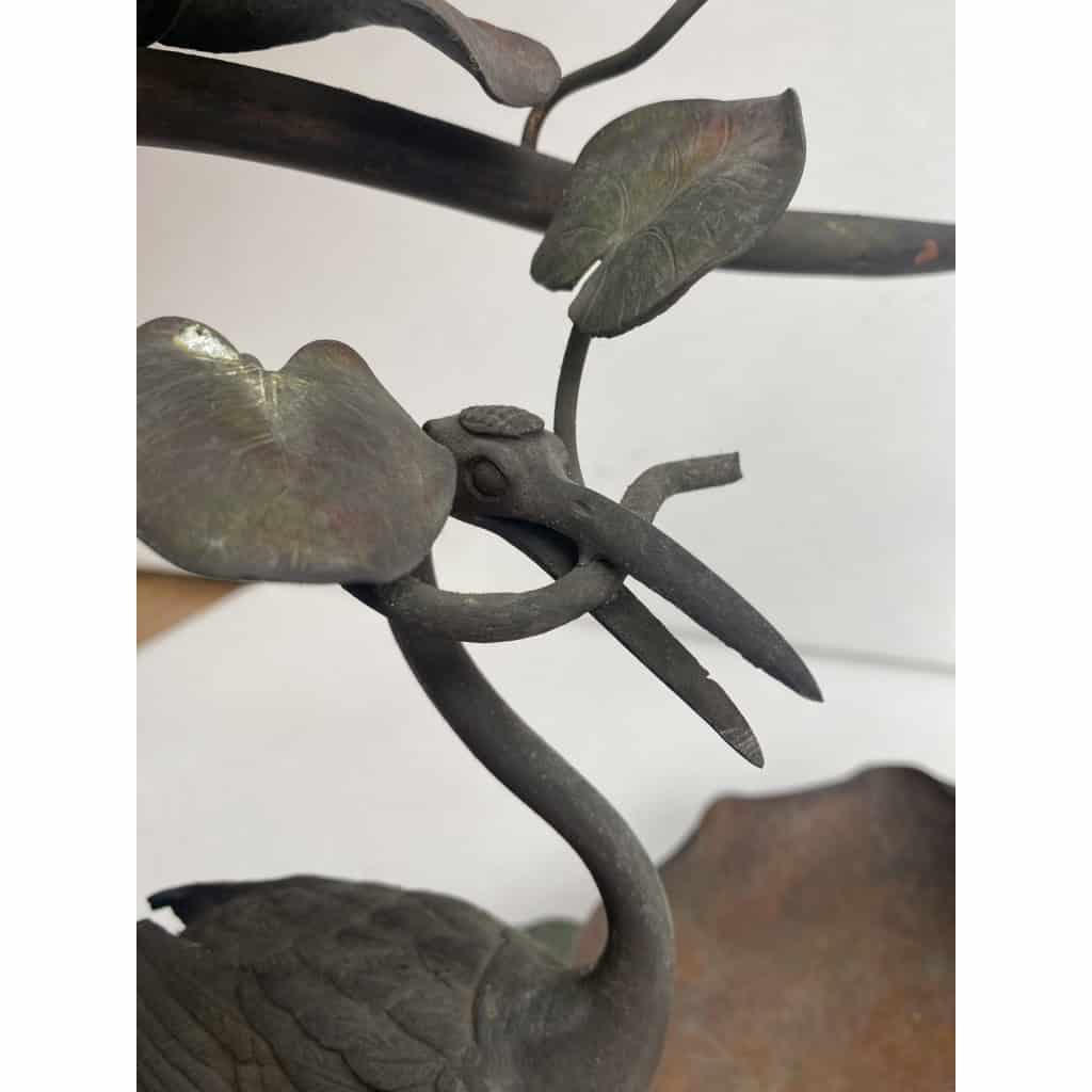 1900′ Corbeille A Fruit Bronze Patiné Art Nouveau, Grue Du Japon Et Nénuphars