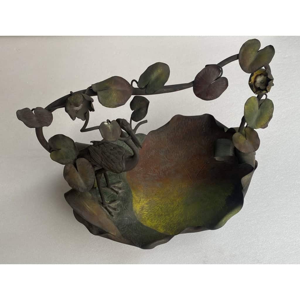 1900′ Corbeille A Fruit Bronze Patiné Art Nouveau, Grue Du Japon Et Nénuphars