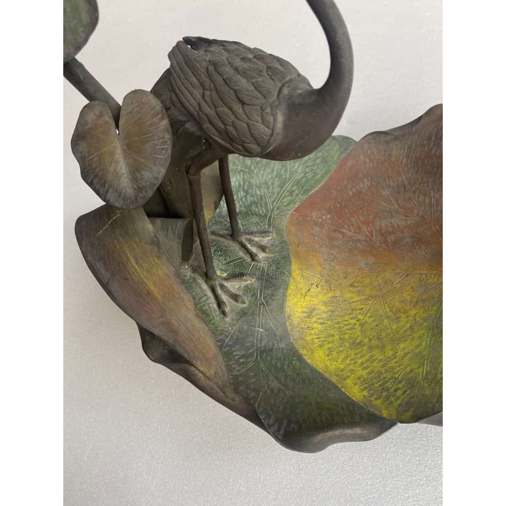 1900′ Corbeille A Fruit Bronze Patiné Art Nouveau, Grue Du Japon Et Nénuphars
