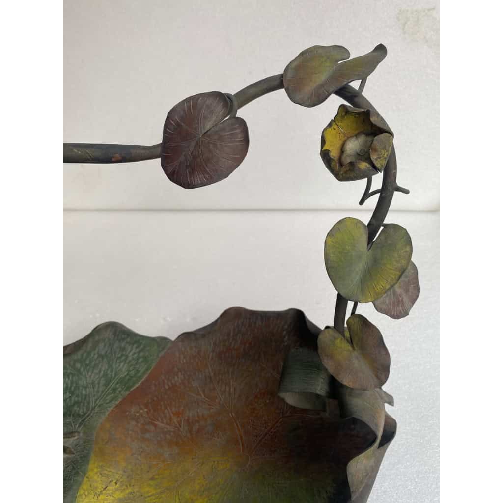 1900′ Corbeille A Fruit Bronze Patiné Art Nouveau, Grue Du Japon Et Nénuphars