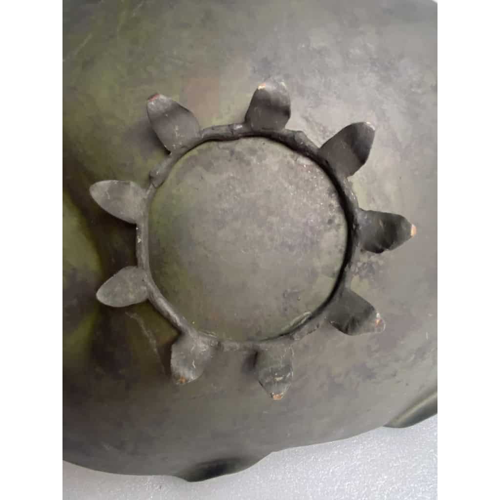 1900′ Corbeille A Fruit Bronze Patiné Art Nouveau, Grue Du Japon Et Nénuphars