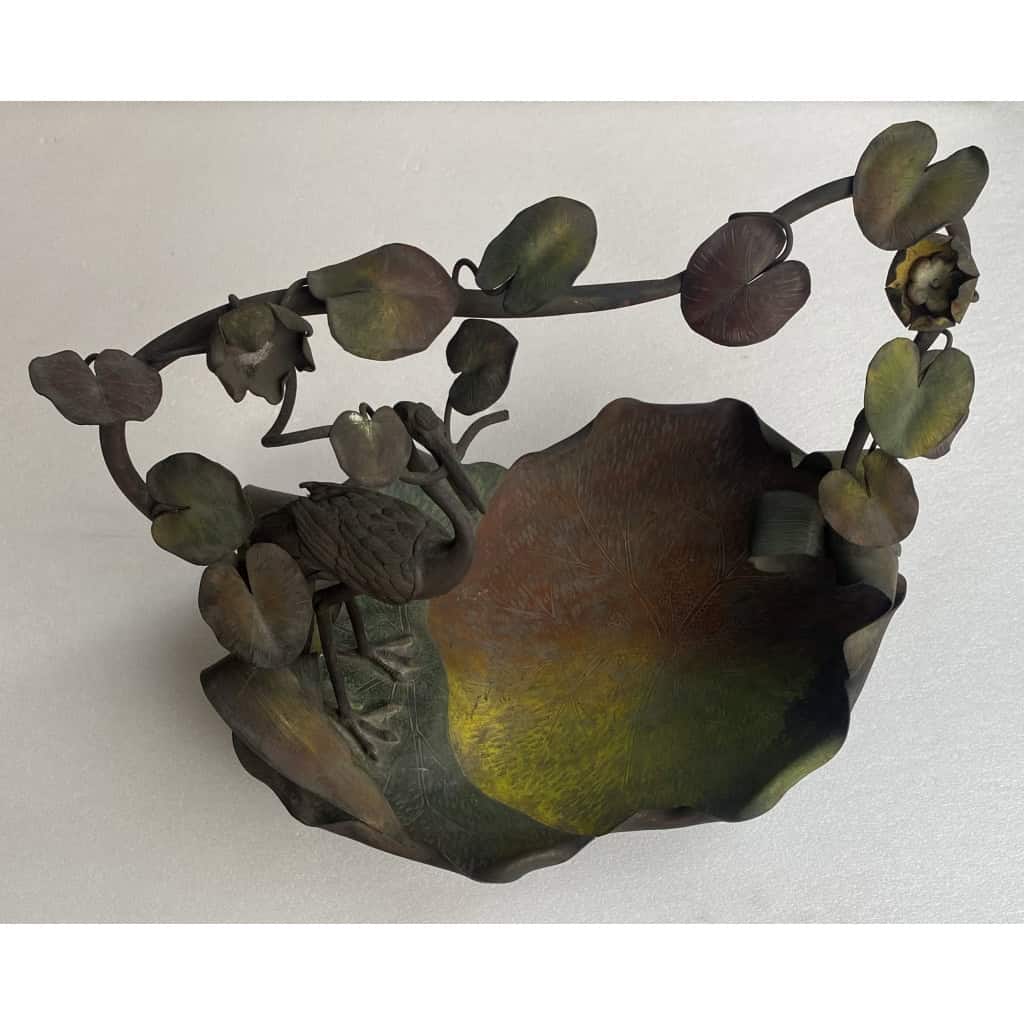 1900′ Corbeille A Fruit Bronze Patiné Art Nouveau, Grue Du Japon Et Nénuphars
