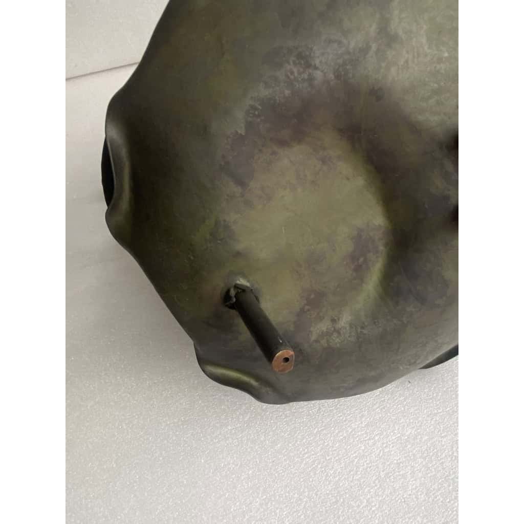 1900′ Corbeille A Fruit Bronze Patiné Art Nouveau, Grue Du Japon Et Nénuphars