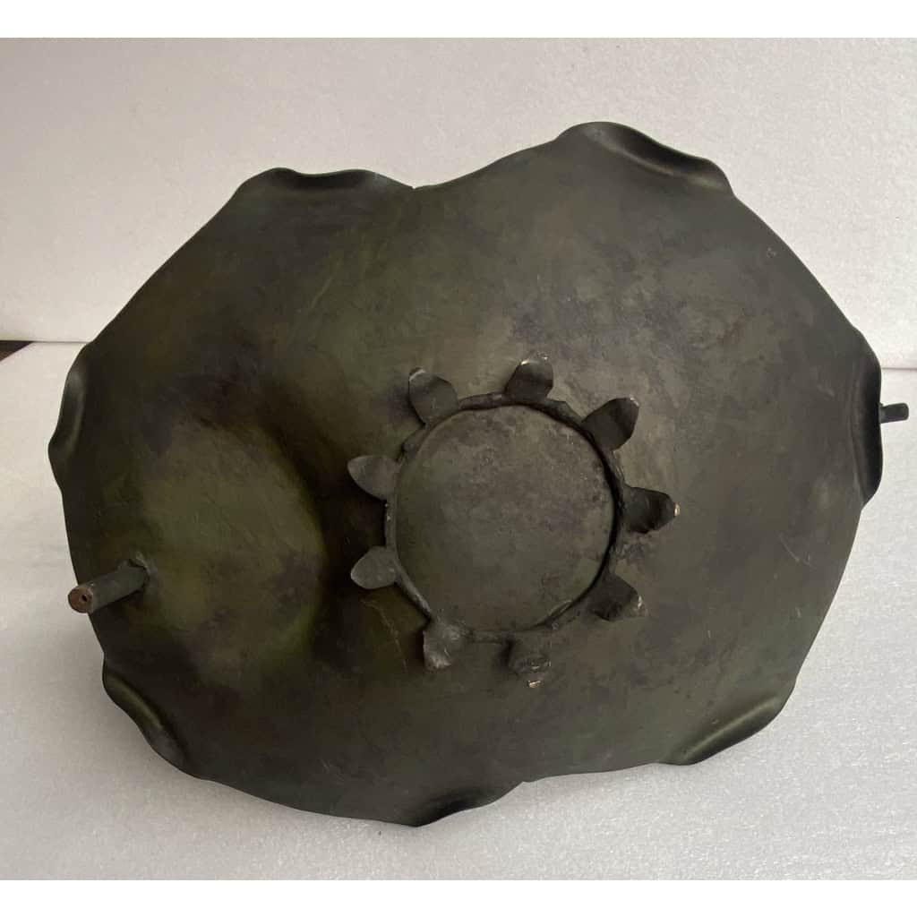 1900′ Corbeille A Fruit Bronze Patiné Art Nouveau, Grue Du Japon Et Nénuphars