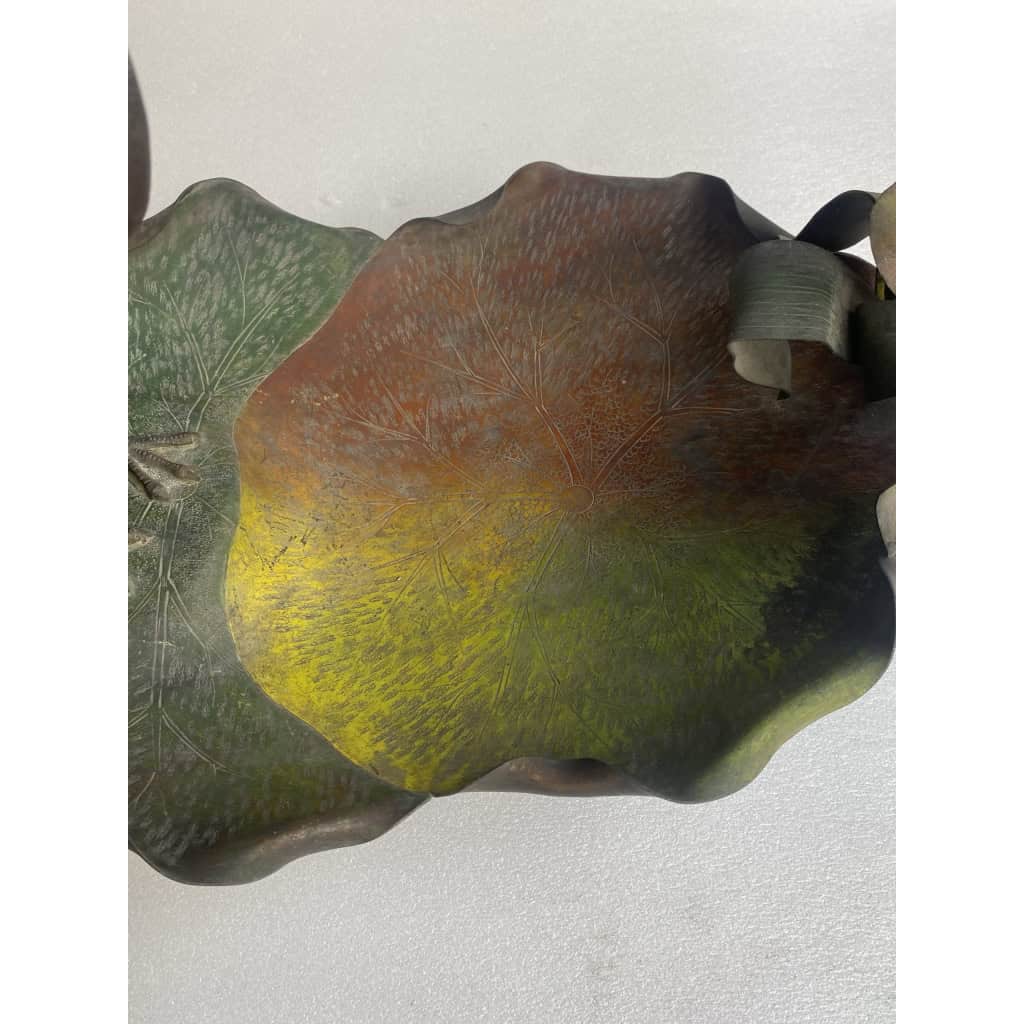 1900′ Corbeille A Fruit Bronze Patiné Art Nouveau, Grue Du Japon Et Nénuphars