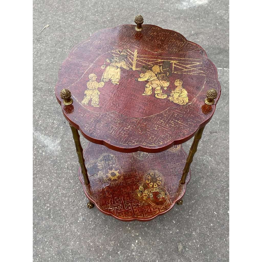 1950/70′ Guéridon Maison Baguès Décor Bambou en Bronze Doré Avec Plateaux Laque de Chine Rouge Et Or | Biron ||||||||