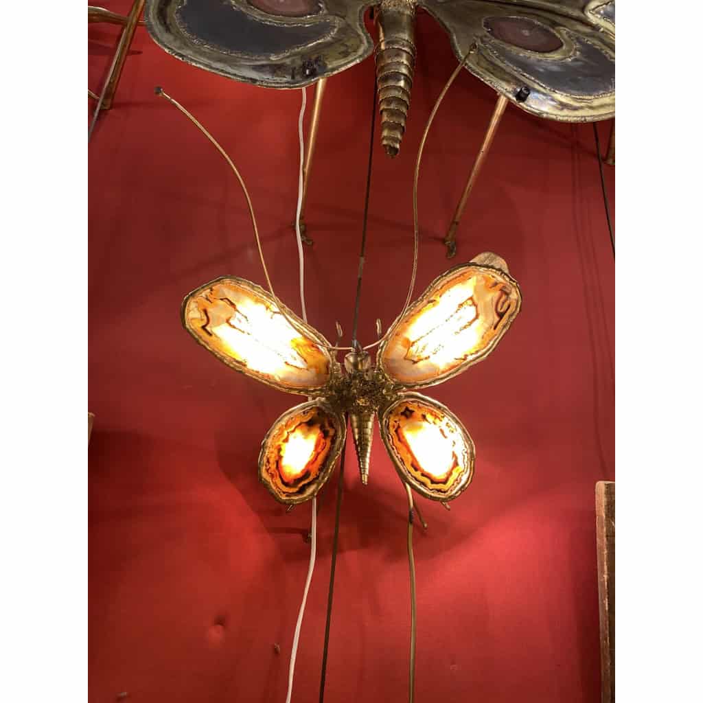 1970’ Applique Papillon en Bronze ou Laiton, Duval Brasseur Ou Isabelle Faure, 4 Ampoules, Ailes d’Agate | Biron ||||||||||||