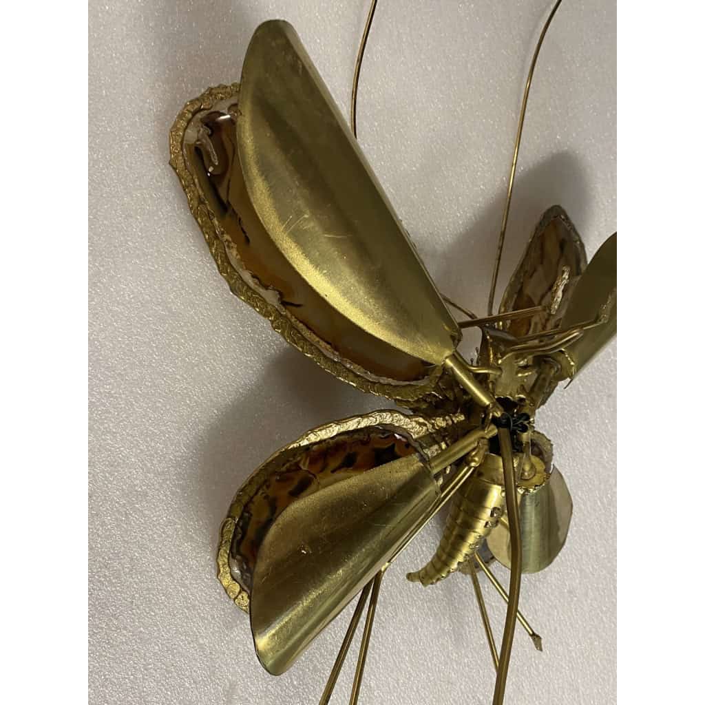 1970’ Applique Papillon en Bronze ou Laiton, Duval Brasseur Ou Isabelle Faure, 4 Ampoules, Ailes d’Agate | Biron 1970’ Applique Papillon en Bronze ou Laiton, Duval Brasseur Ou Isabelle Faure, 4 Ampoules, Ailes d’Agate