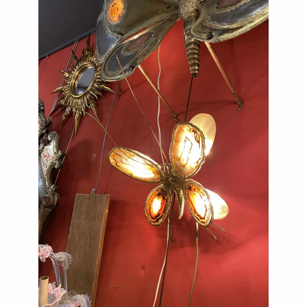 1970’ Applique Papillon en Bronze ou Laiton, Duval Brasseur Ou Isabelle Faure, 4 Ampoules, Ailes d’Agate | Biron 1970’ Applique Papillon en Bronze ou Laiton, Duval Brasseur Ou Isabelle Faure, 4 Ampoules, Ailes d’Agate