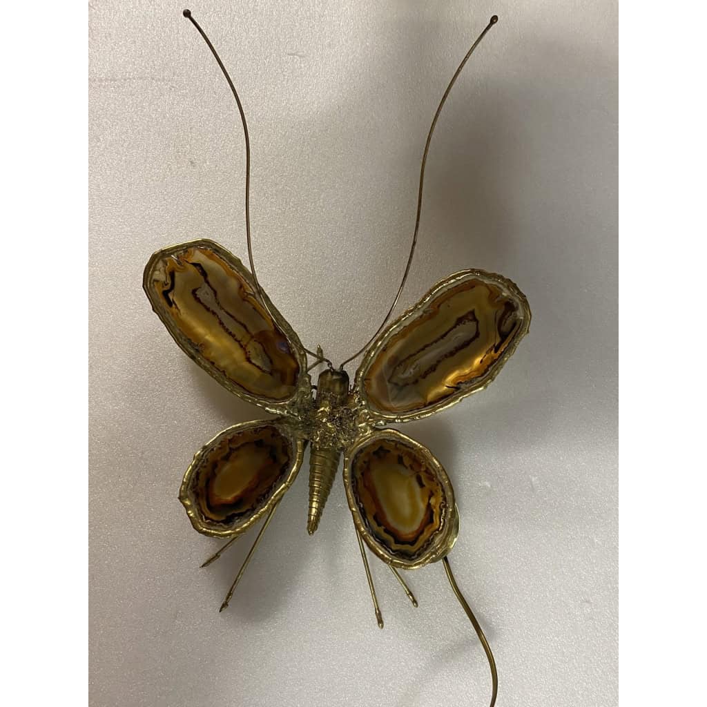 1970’ Applique Papillon en Bronze ou Laiton, Duval Brasseur Ou Isabelle Faure, 4 Ampoules, Ailes d’Agate | Biron 1970’ Applique Papillon en Bronze ou Laiton, Duval Brasseur Ou Isabelle Faure, 4 Ampoules, Ailes d’Agate