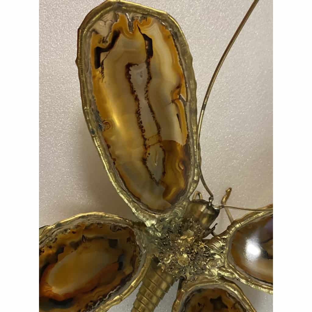1970’ Applique Papillon en Bronze ou Laiton, Duval Brasseur Ou Isabelle Faure, 4 Ampoules, Ailes d’Agate | Biron 1970’ Applique Papillon en Bronze ou Laiton, Duval Brasseur Ou Isabelle Faure, 4 Ampoules, Ailes d’Agate