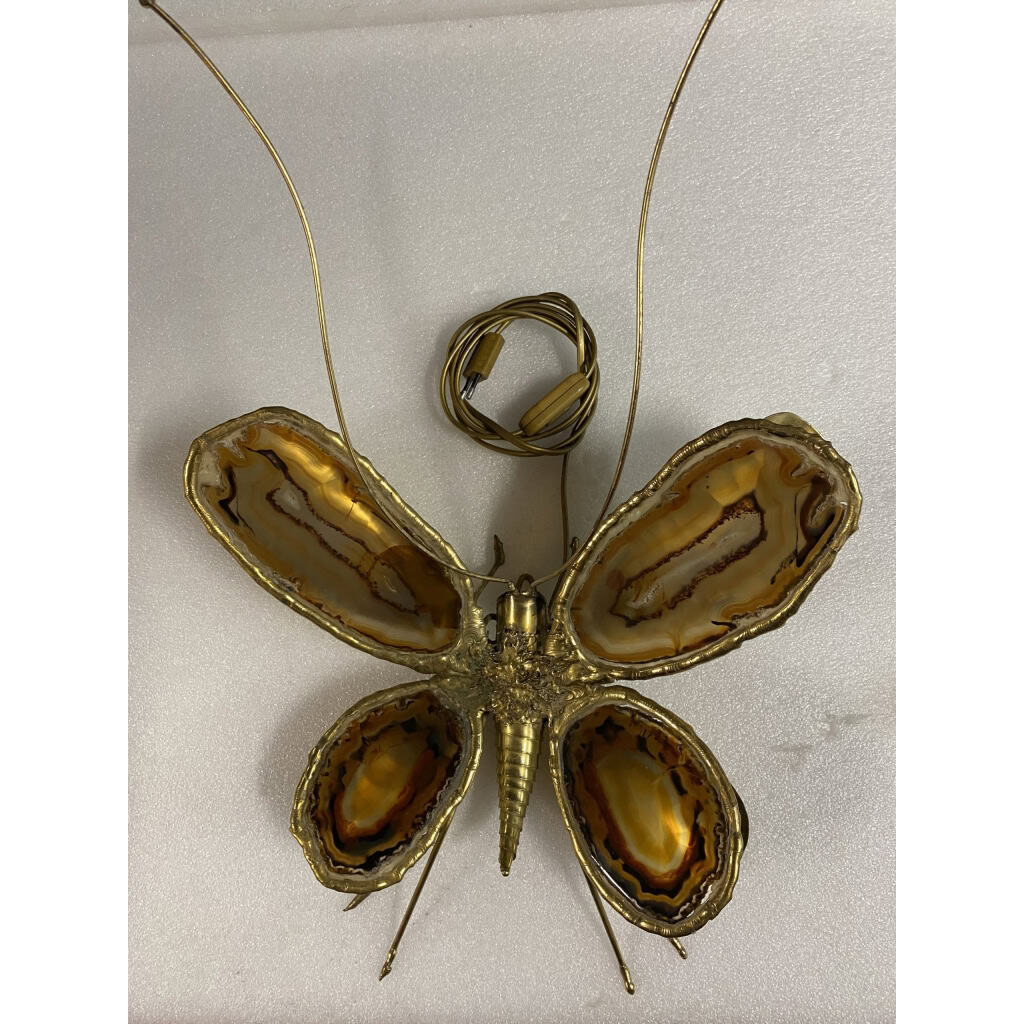 1970’ Applique Papillon en Bronze ou Laiton, Duval Brasseur Ou Isabelle Faure, 4 Ampoules, Ailes d’Agate | Biron 1970’ Applique Papillon en Bronze ou Laiton, Duval Brasseur Ou Isabelle Faure, 4 Ampoules, Ailes d’Agate