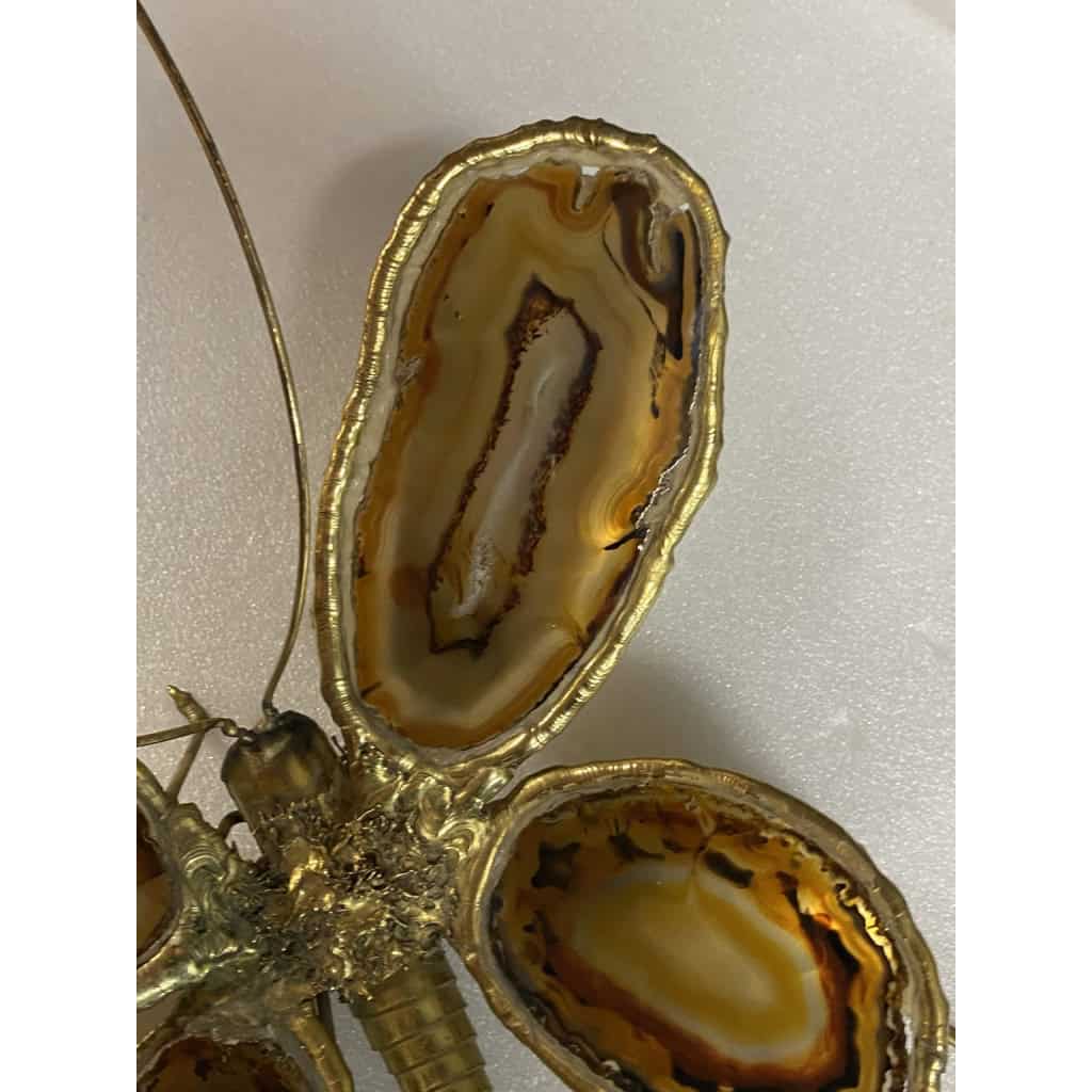 1970’ Applique Papillon en Bronze ou Laiton, Duval Brasseur Ou Isabelle Faure, 4 Ampoules, Ailes d’Agate | Biron 1970’ Applique Papillon en Bronze ou Laiton, Duval Brasseur Ou Isabelle Faure, 4 Ampoules, Ailes d’Agate