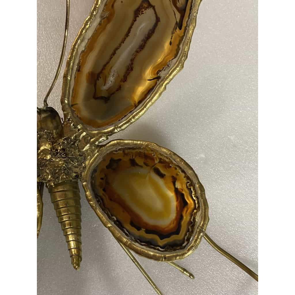 1970’ Applique Papillon en Bronze ou Laiton, Duval Brasseur Ou Isabelle Faure, 4 Ampoules, Ailes d’Agate | Biron 1970’ Applique Papillon en Bronze ou Laiton, Duval Brasseur Ou Isabelle Faure, 4 Ampoules, Ailes d’Agate
