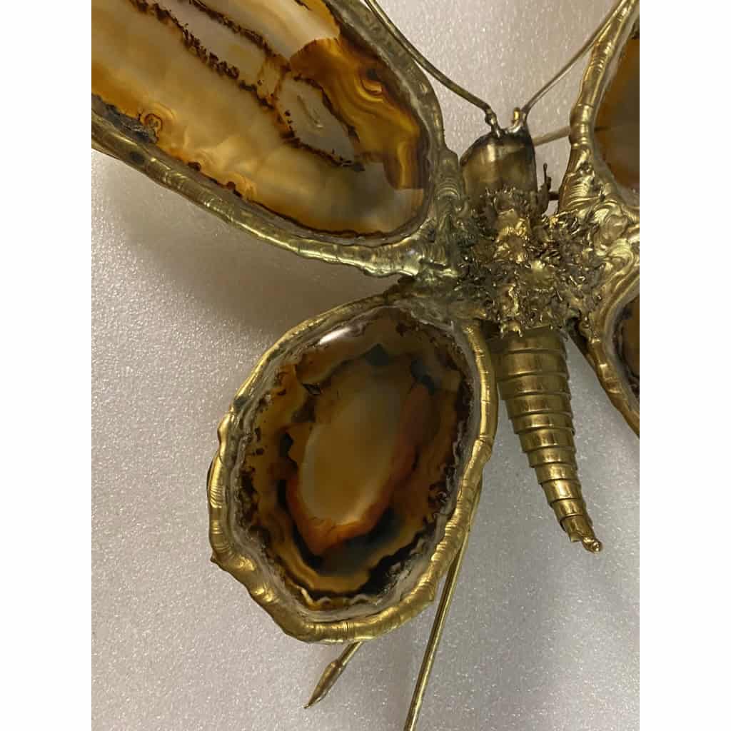 1970’ Applique Papillon en Bronze ou Laiton, Duval Brasseur Ou Isabelle Faure, 4 Ampoules, Ailes d’Agate | Biron 1970’ Applique Papillon en Bronze ou Laiton, Duval Brasseur Ou Isabelle Faure, 4 Ampoules, Ailes d’Agate
