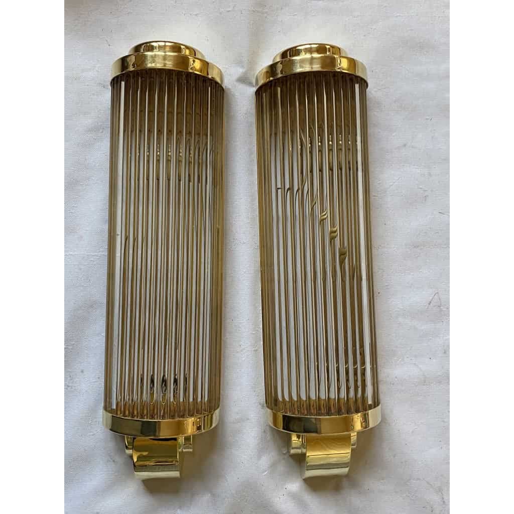 1970’ Paire D’Appliques En Laiton Ou Bronze A Tubes de Verre Style Genet Michon Ou Petitot | Biron ||||||||