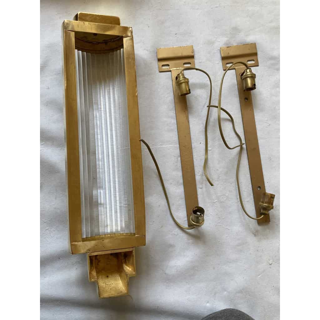 1970’ Paire D’Appliques En Laiton Ou Bronze A Tubes de Verre Style Genet Michon Ou Petitot | Biron 1970’ Paire D’Appliques En Laiton Ou Bronze A Tubes de Verre Style Genet Michon Ou Petitot