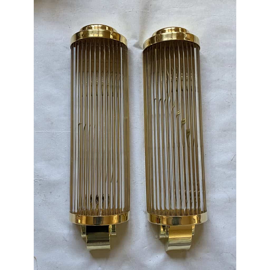 1970’ Paire D’Appliques En Laiton Ou Bronze A Tubes de Verre Style Genet Michon Ou Petitot | Biron 1970’ Paire D’Appliques En Laiton Ou Bronze A Tubes de Verre Style Genet Michon Ou Petitot