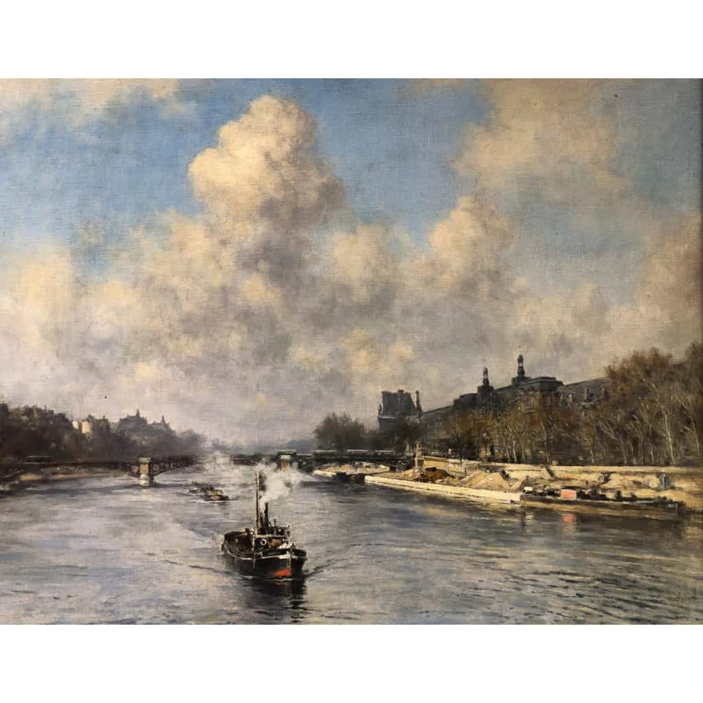 VOLLON Alexis Tableau Debut 20è Paris Remorqueur Sur La Seine Huile Signee Certificat d’authenticité | Biron VOLLON Alexis Tableau Debut 20è Paris Remorqueur Sur La Seine Huile Signee Certificat