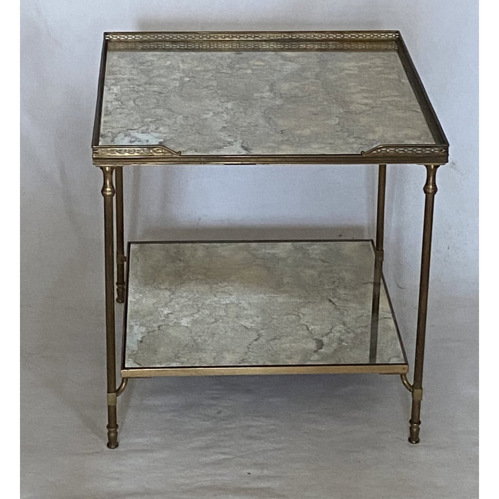 1950/70′ Bout De Canapé Avec Galerie Maison Baguès Laiton et Bronze Plateaux Miroir Oxydé Vieilli et Fleur | Biron |||||||||