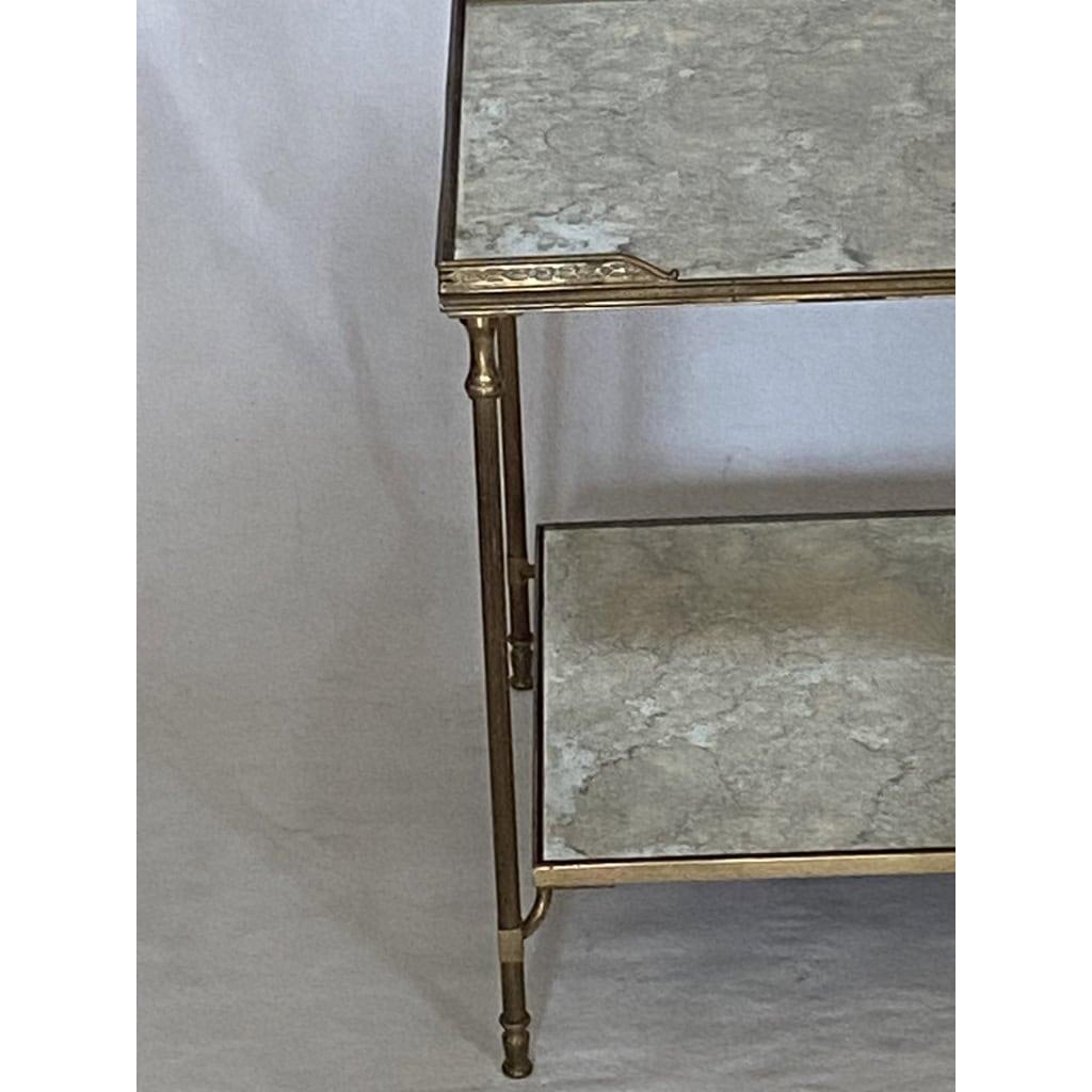 1950/70′ Bout De Canapé Avec Galerie Maison Baguès Laiton et Bronze Plateaux Miroir Oxydé Vieilli et Fleur | Biron 1950/70′ Bout De Canapé Avec Galerie Maison Baguès Laiton et Bronze Plateaux Miroir Oxydé Vieilli et Fleur