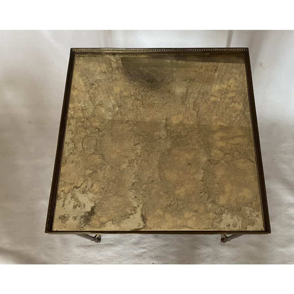 1950/70′ Bout De Canapé Avec Galerie Maison Baguès Laiton et Bronze Plateaux Miroir Oxydé Vieilli et Fleur | Biron 1950/70′ Bout De Canapé Avec Galerie Maison Baguès Laiton et Bronze Plateaux Miroir Oxydé Vieilli et Fleur