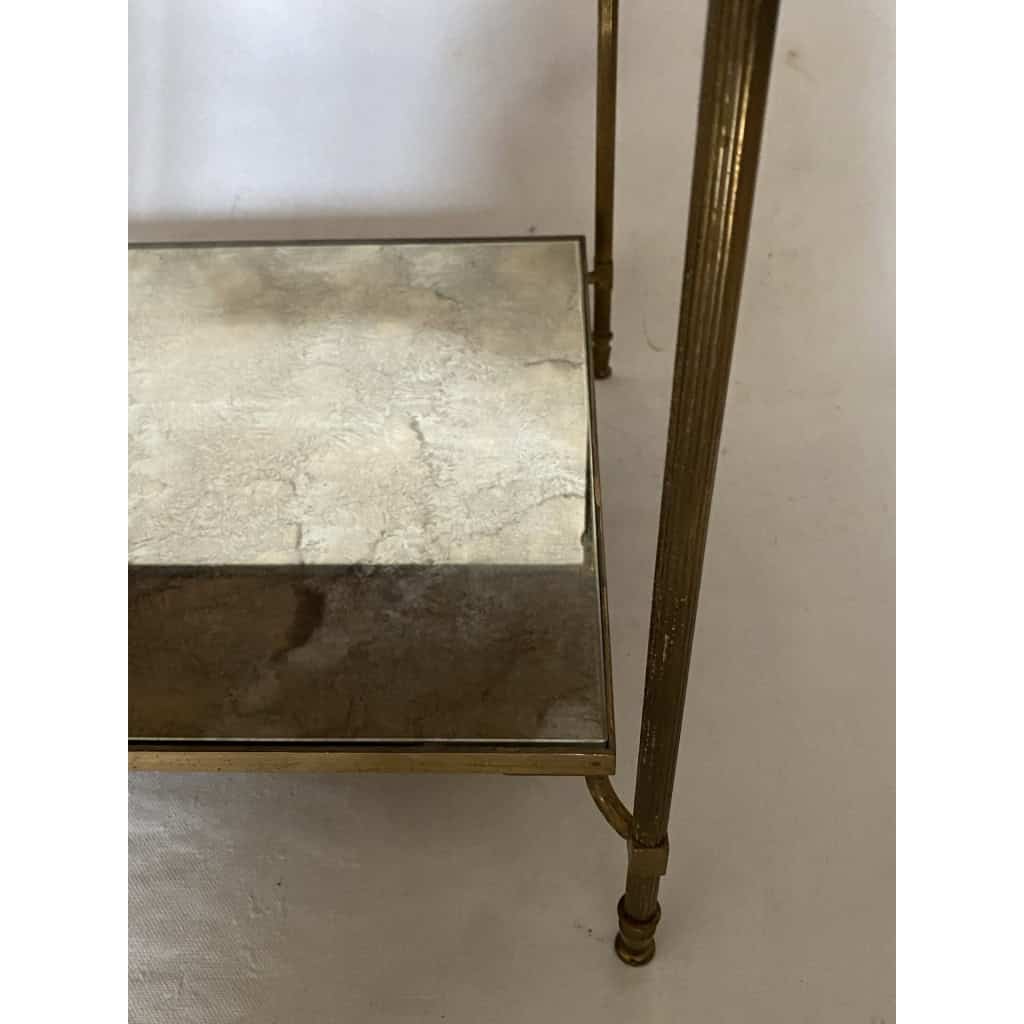 1950/70′ Bout De Canapé Avec Galerie Maison Baguès Laiton et Bronze Plateaux Miroir Oxydé Vieilli et Fleur | Biron 1950/70′ Bout De Canapé Avec Galerie Maison Baguès Laiton et Bronze Plateaux Miroir Oxydé Vieilli et Fleur