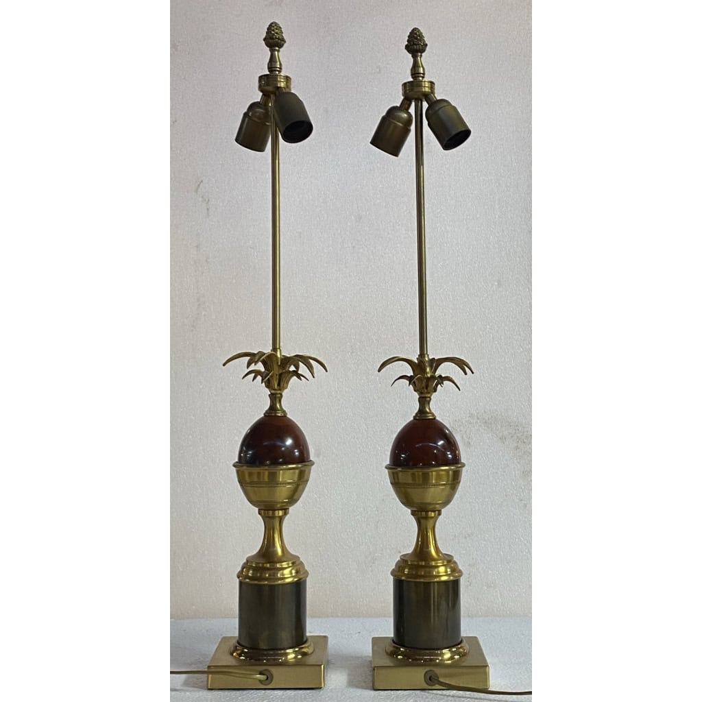 1970′ Paire De Lampes En Bronze Style Maison Charles Avec Oeuf En Bakélite Couleur Ambrée | Biron ||||||||