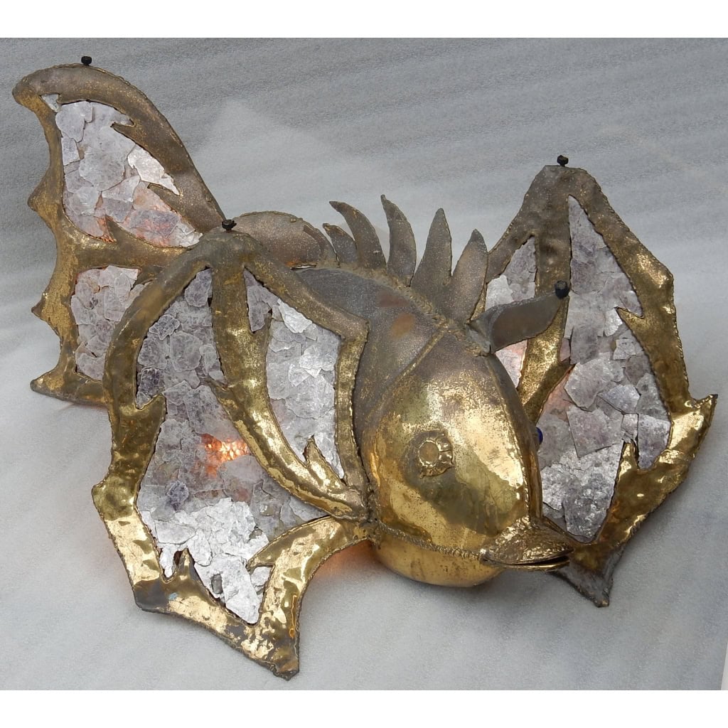 1970′ Table Basse Poisson Éclairante En Laiton Avec Mika Violet Style Duval Brasseur, Faure, Fernandez 13