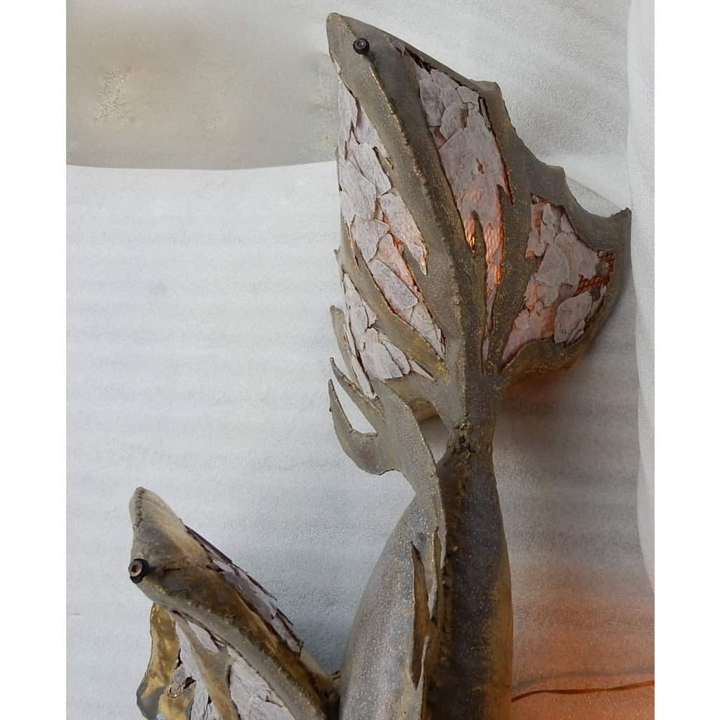 1970′ Table Basse Poisson Éclairante En Laiton Avec Mika Violet Style Duval Brasseur, Faure, Fernandez 4