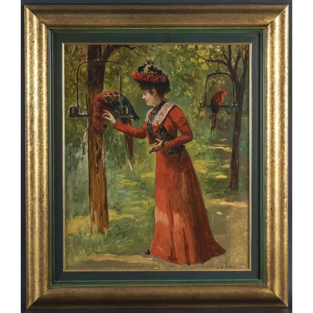Une femme et des perroquets, Huile sur panneau de Gustav Wertheimer | Biron ||||||||