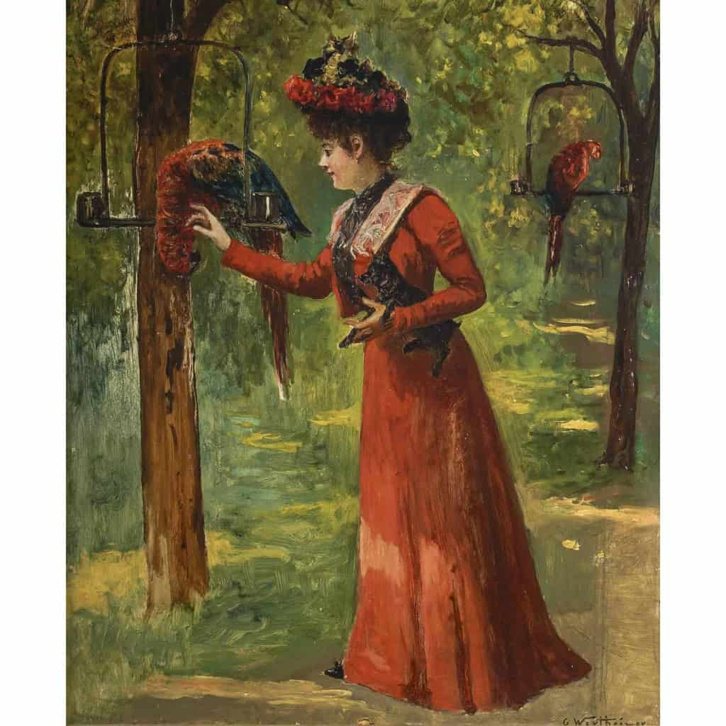 Une femme et des perroquets, Huile sur panneau de Gustav Wertheimer | Biron Une femme et des perroquets, Huile sur panneau de Gustav Wertheimer