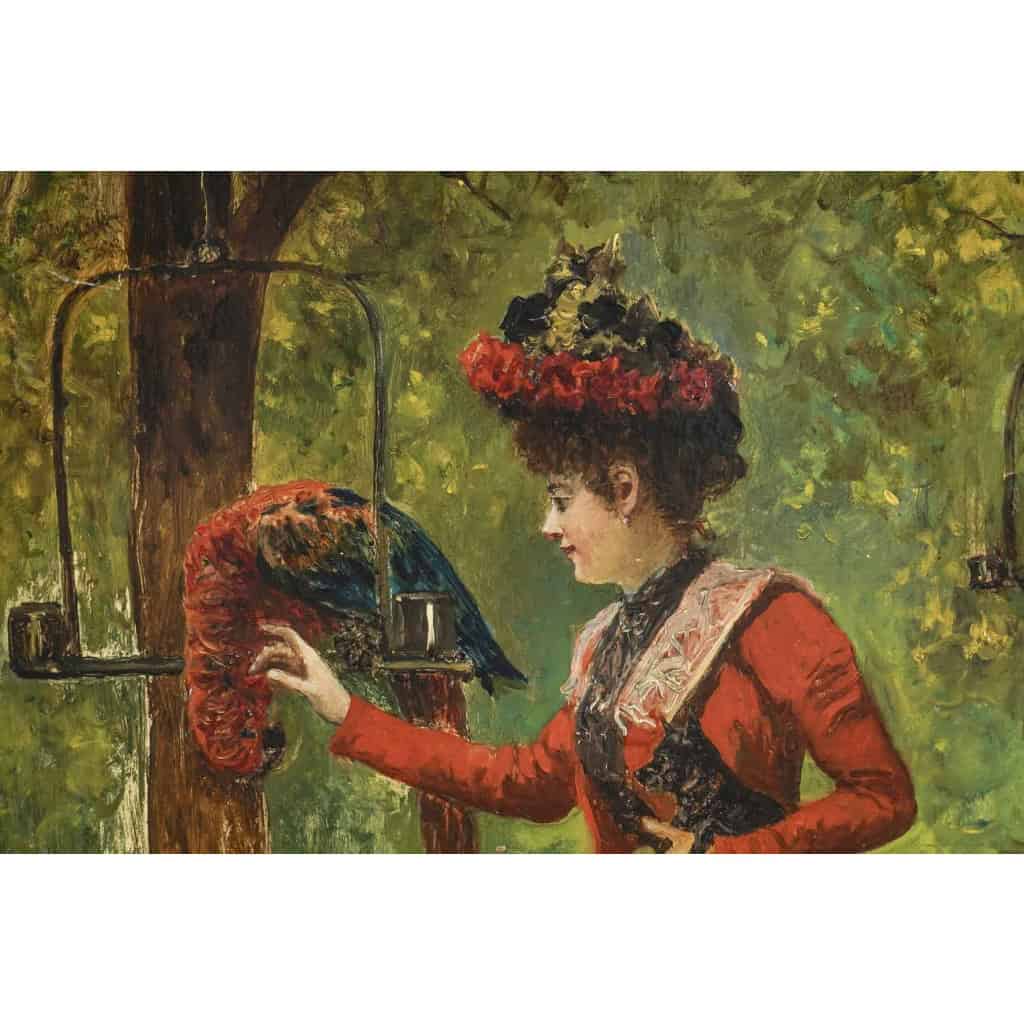Une femme et des perroquets, Huile sur panneau de Gustav Wertheimer | Biron Une femme et des perroquets, Huile sur panneau de Gustav Wertheimer
