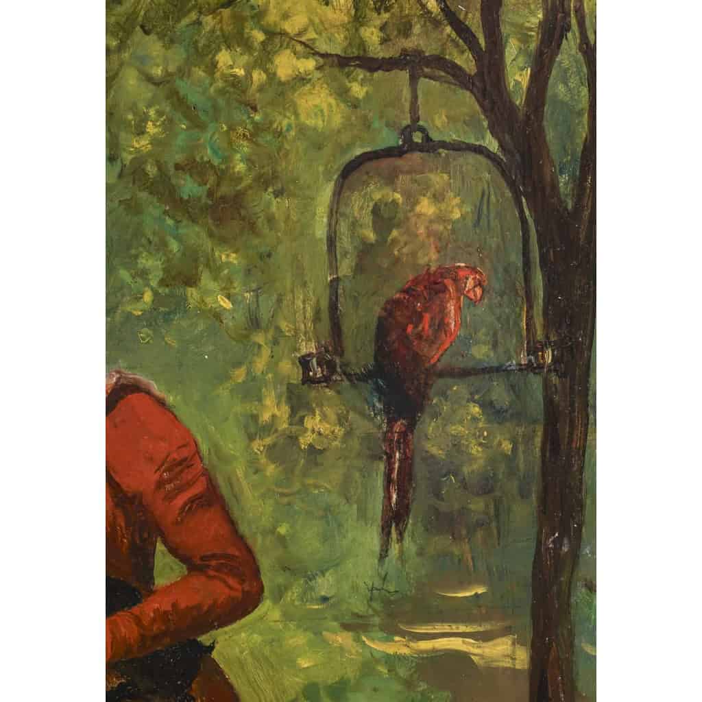 Une femme et des perroquets, Huile sur panneau de Gustav Wertheimer | Biron Une femme et des perroquets, Huile sur panneau de Gustav Wertheimer