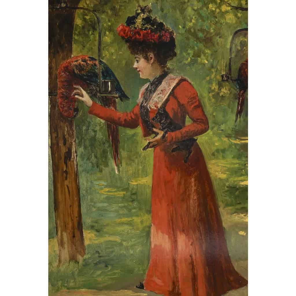 Une femme et des perroquets, Huile sur panneau de Gustav Wertheimer | Biron Une femme et des perroquets, Huile sur panneau de Gustav Wertheimer