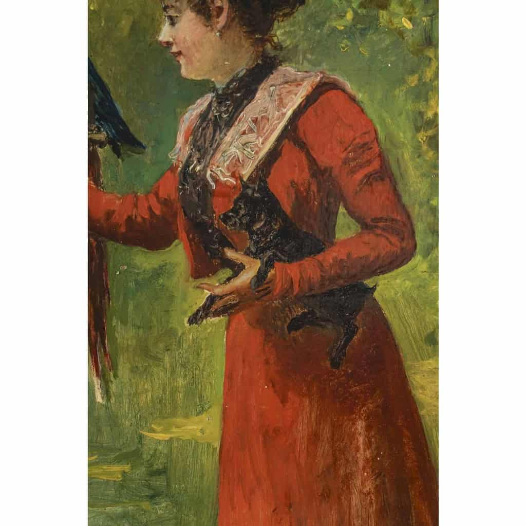 Une femme et des perroquets, Huile sur panneau de Gustav Wertheimer | Biron Une femme et des perroquets, Huile sur panneau de Gustav Wertheimer