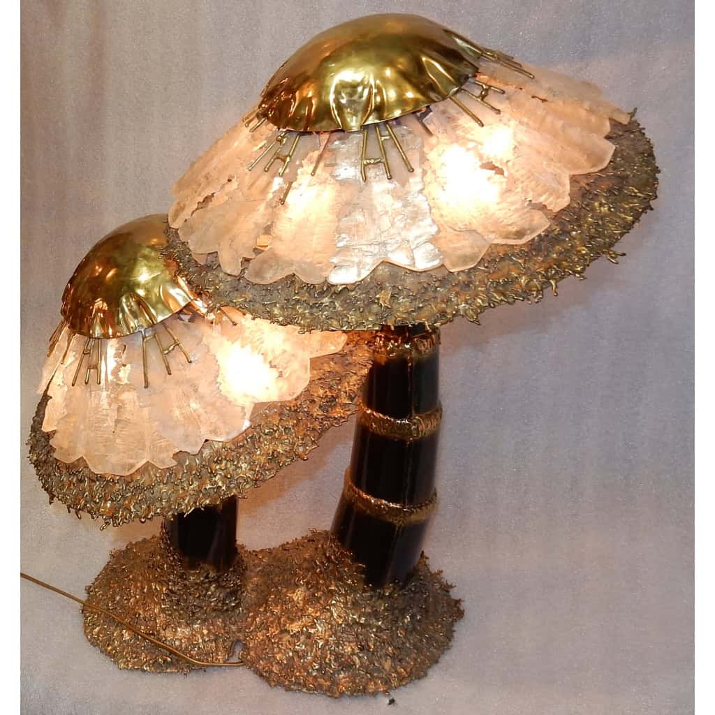 1970′Lampe Aux 2 Champignons Éclairante En Laiton Avec Gypse Imitant le Cristal De Roche Style Duval Brasseur, Faure, Fernandez | Biron ||||||||||||||||