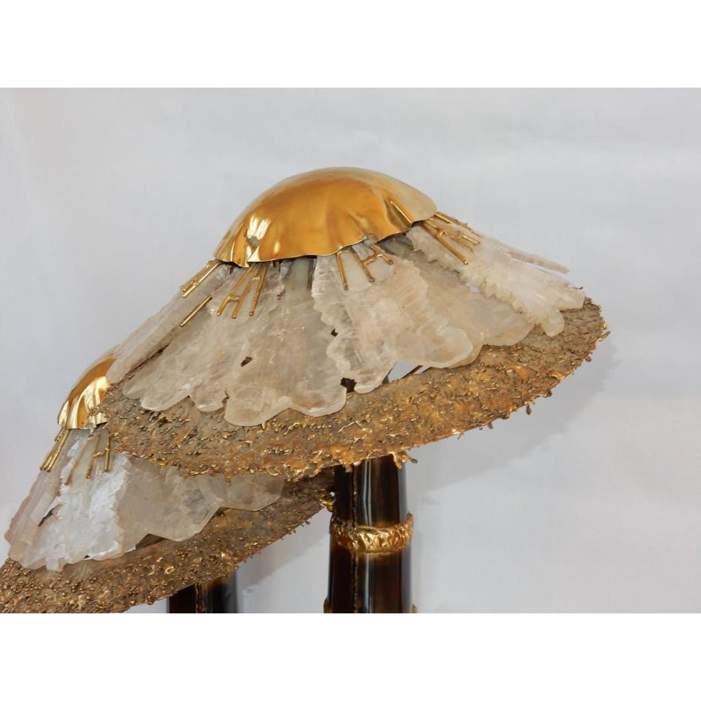 1970′Lampe Aux 2 Champignons Éclairante En Laiton Avec Gypse Imitant le Cristal De Roche Style Duval Brasseur, Faure, Fernandez | Biron 1970′Lampe Aux 2 Champignons Éclairante En Laiton Avec Gypse Imitant le Cristal De Roche Style Duval Brasseur, Faure, Fernandez